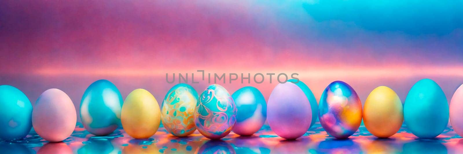 holographic Easter eggs on a shiny background. Selective focus. nature.