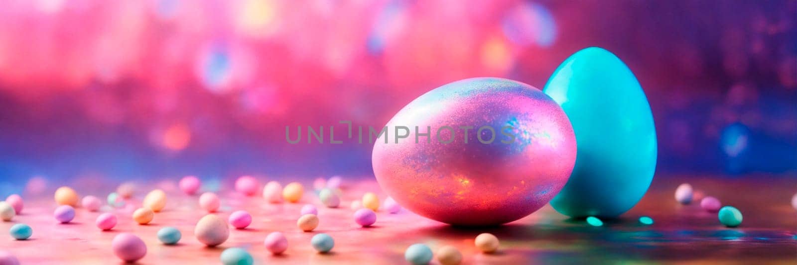 holographic Easter eggs on a shiny background. Selective focus. by yanadjana