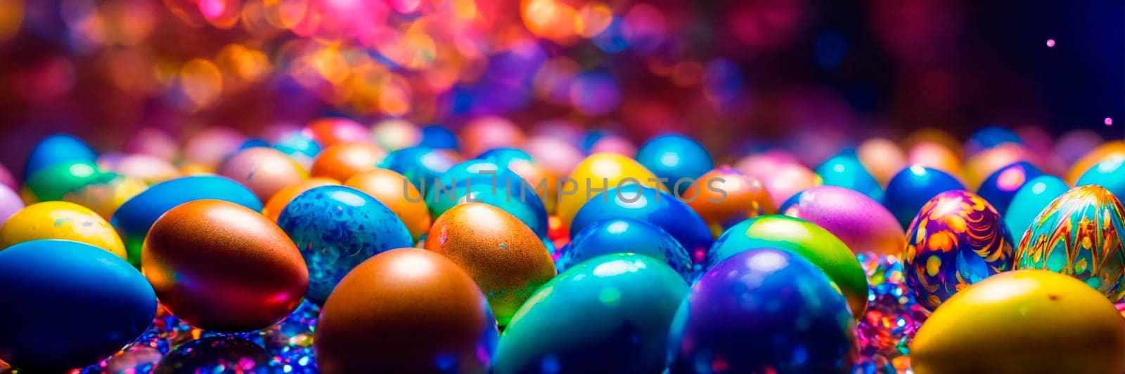 holographic Easter eggs on a shiny background. Selective focus. by yanadjana