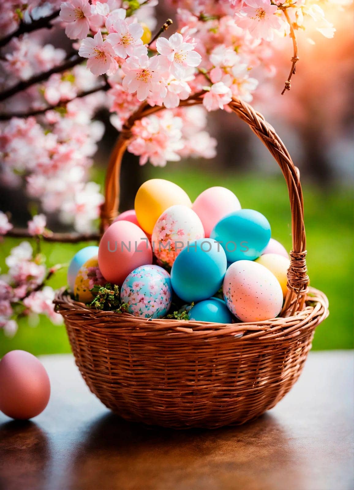 Basket with Easter eggs. Selective focus. by yanadjana