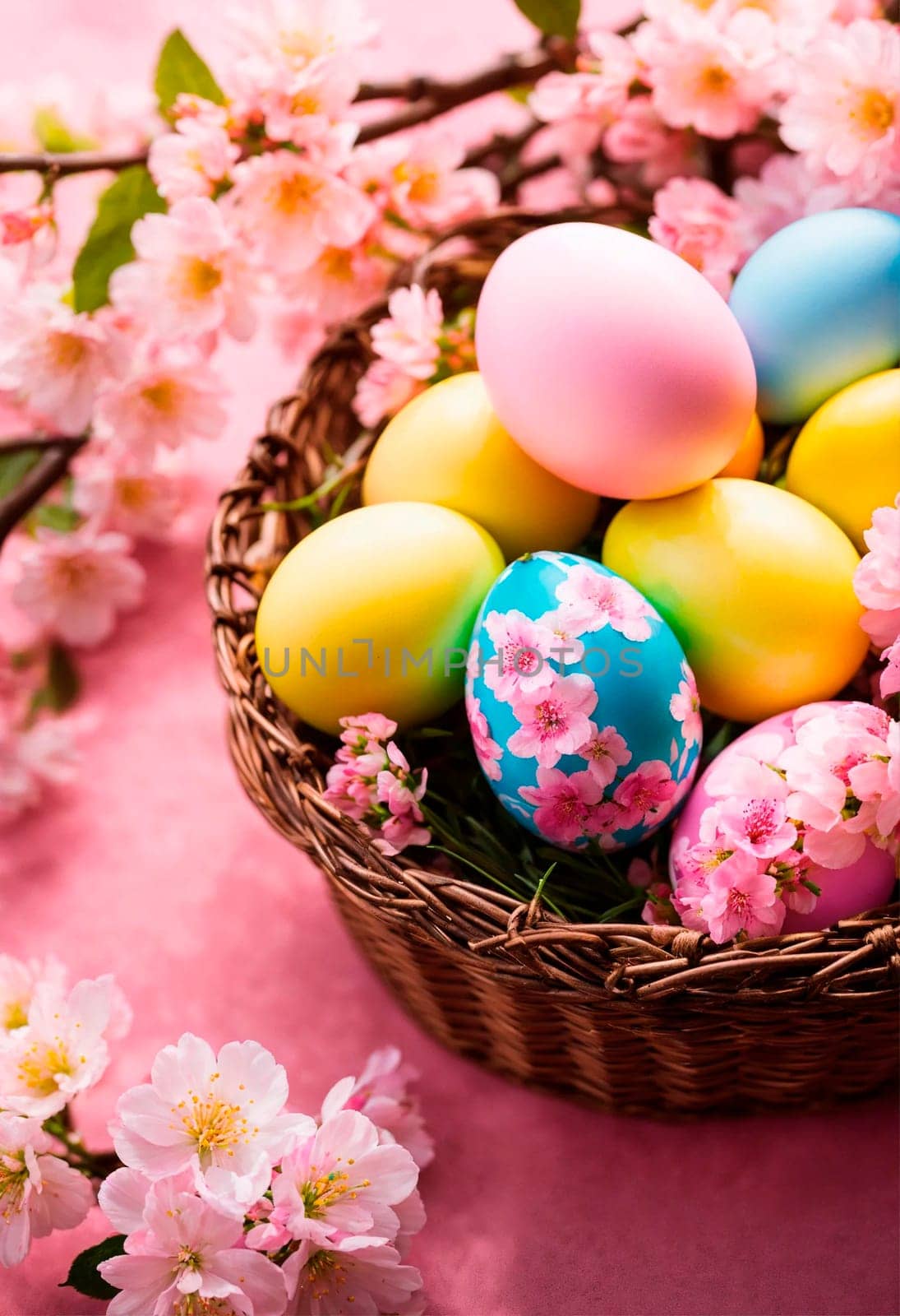 Basket with Easter eggs. Selective focus. by yanadjana
