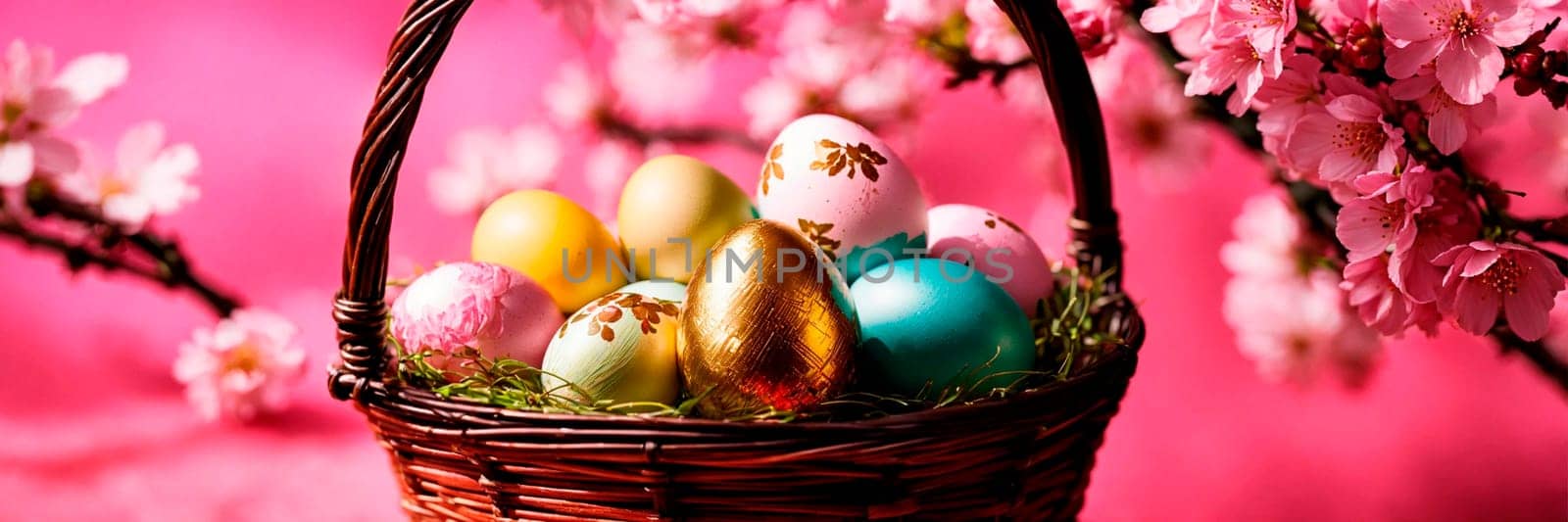 Basket with Easter eggs. Selective focus. Food.