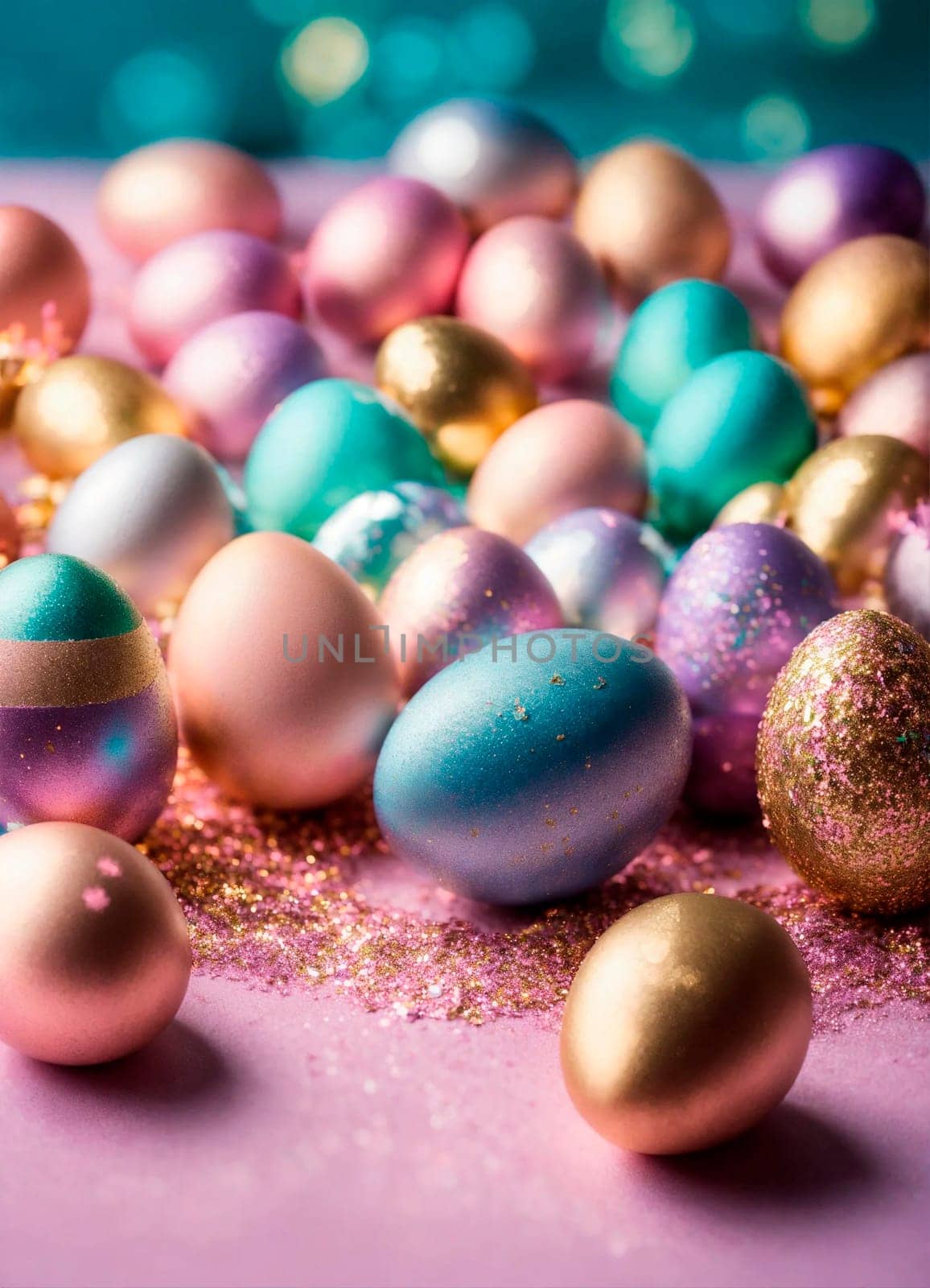 holographic Easter eggs on a shiny background. Selective focus. nature.