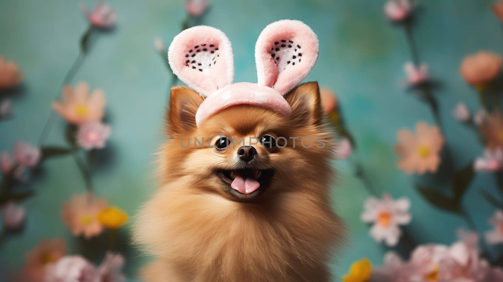 Cute red fluffy spitz with open mouth with tongue, with pink bunny ears on a blue easter spring background, beloved pet, Generated AI
