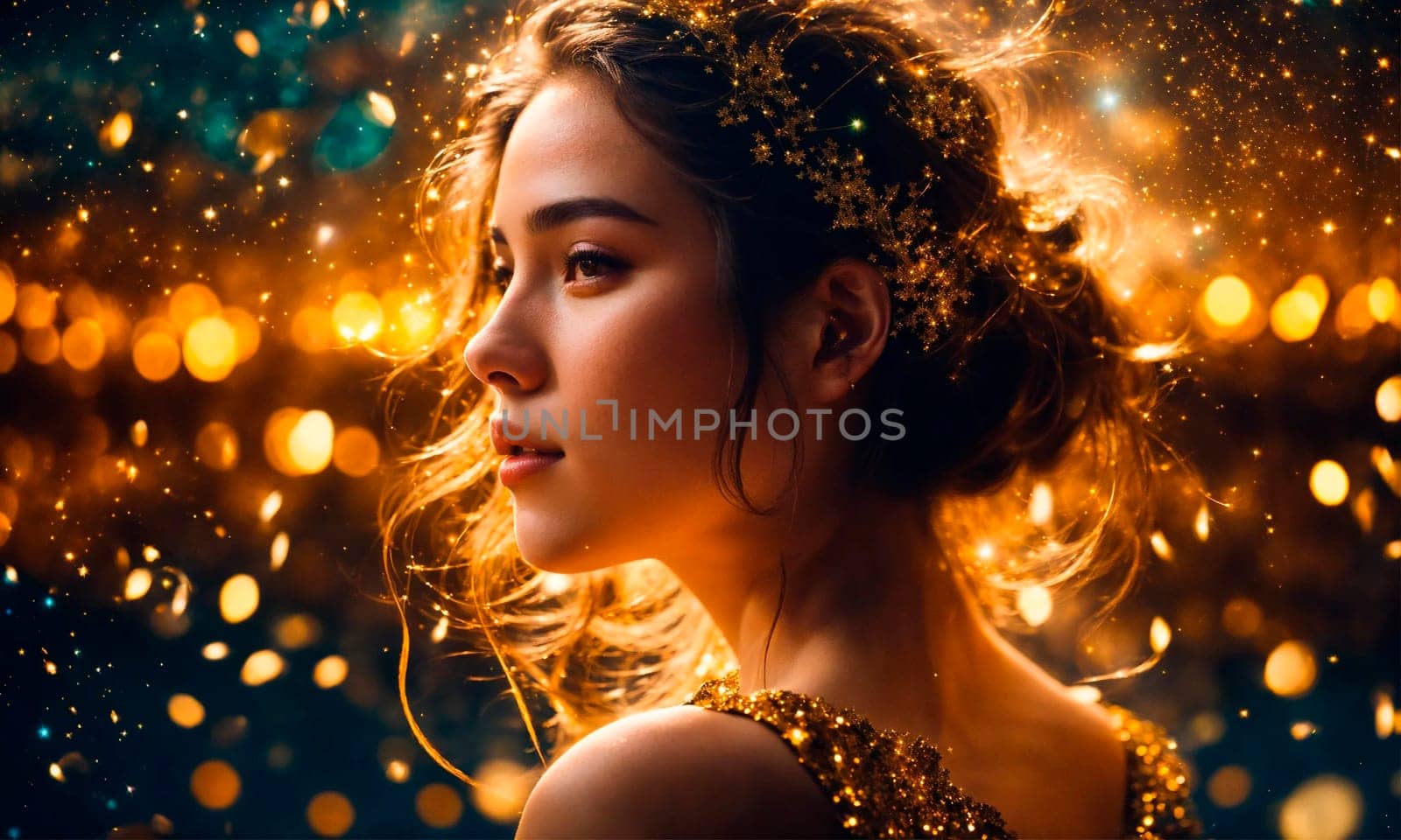 Beautiful woman on a golden background. Selective focus. Holiday.