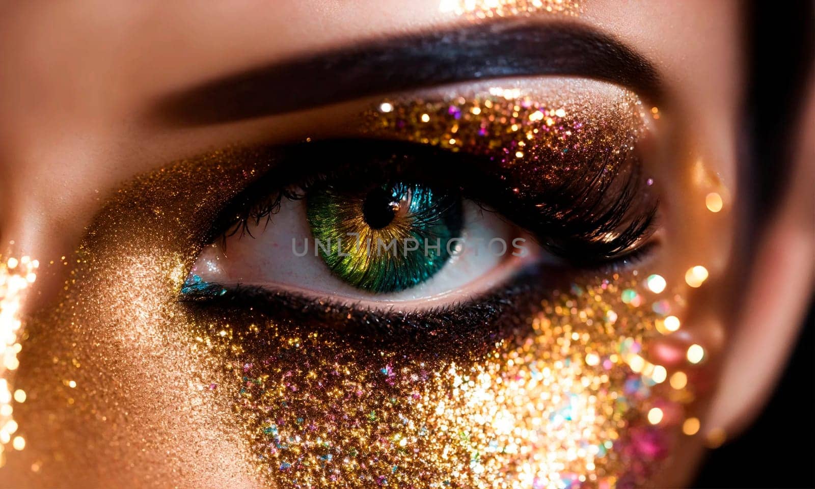 Woman face with beautiful shiny makeup. Selective focus. Gold.