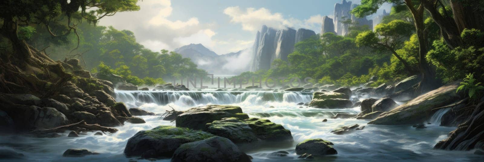 A painting depicting a river flowing amidst a rocky landscape.