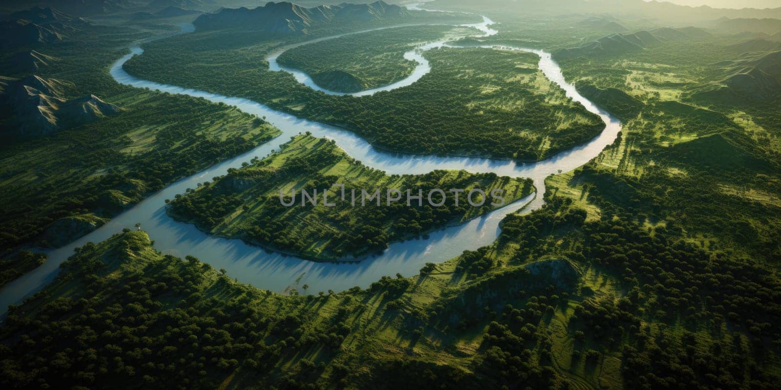 This aerial photograph captures the beauty of a river as it winds its way through a vibrant, green valley.