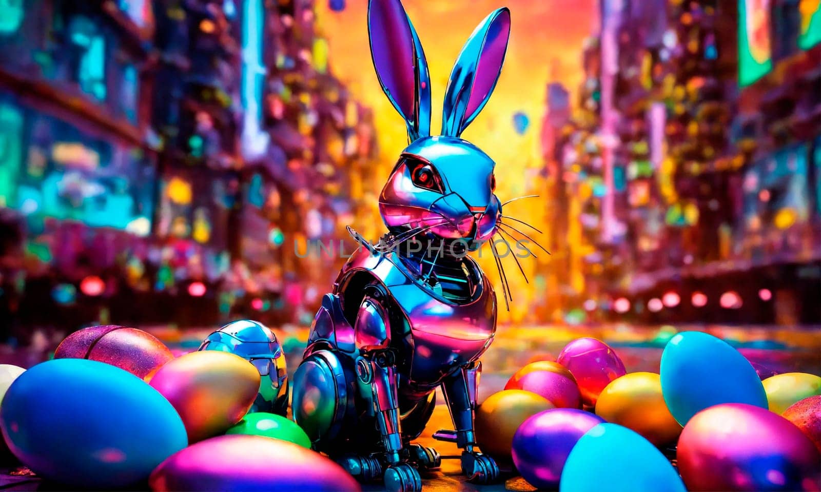 Robot bunny Easter eggs. Selective focus. Holiday.