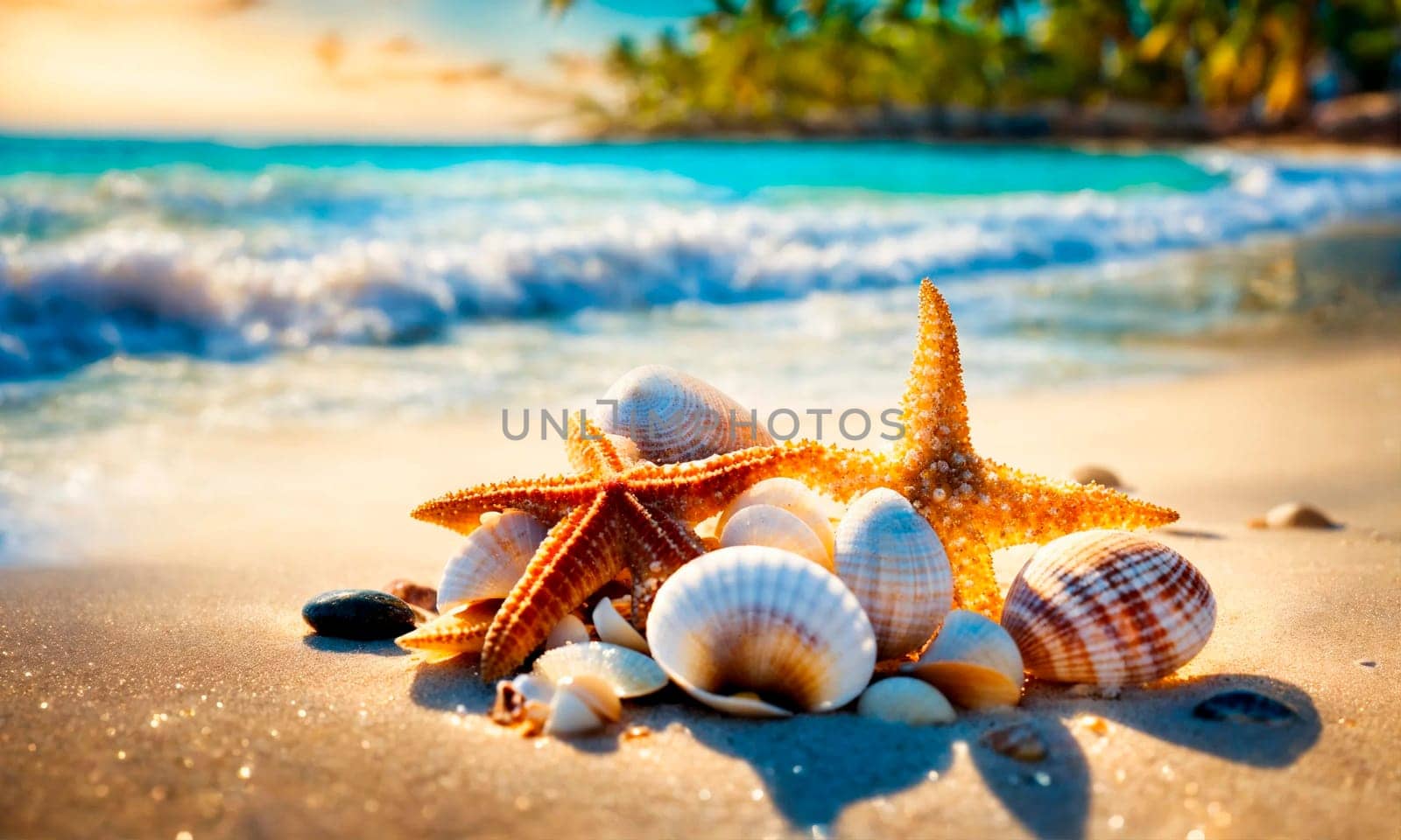 shells and starfish on the seashore. Selective focus. nature.