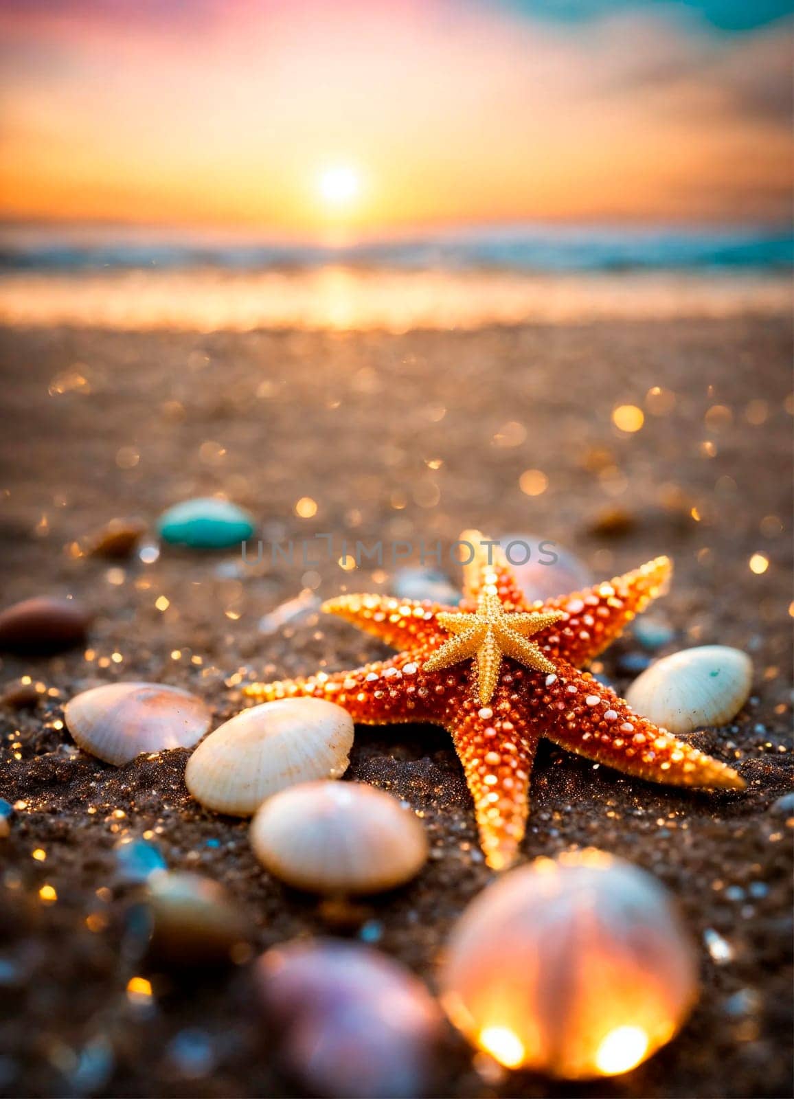 shells and starfish on the seashore. Selective focus. by yanadjana