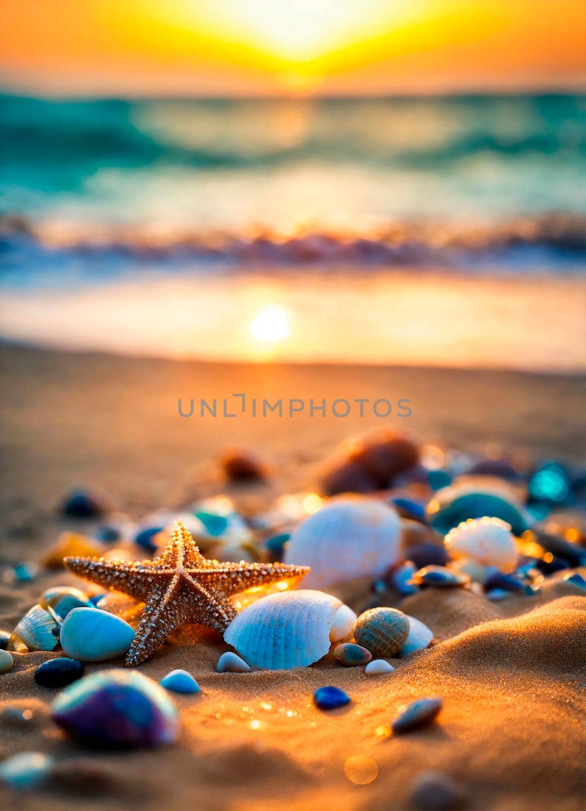 shells and starfish on the seashore. Selective focus. nature.