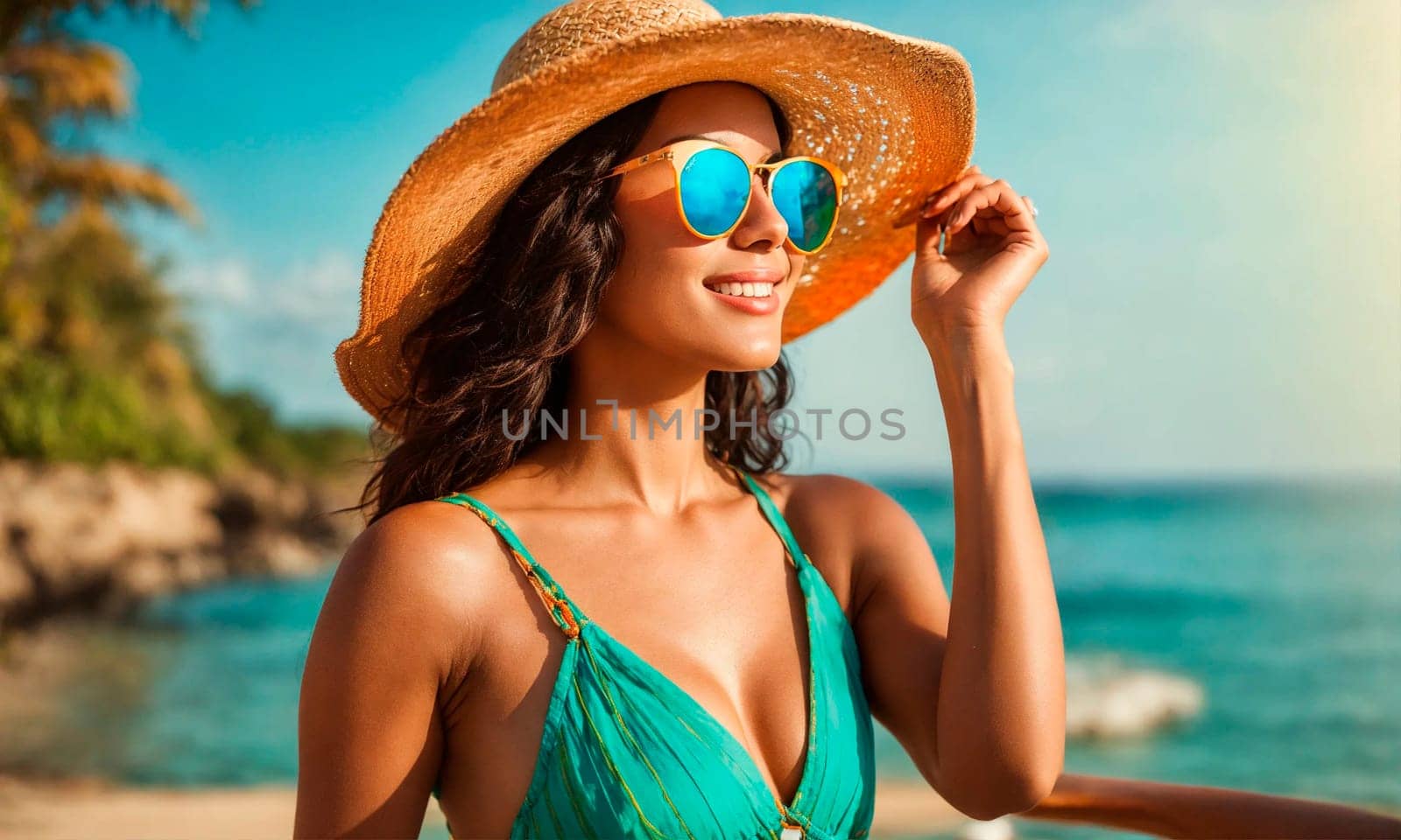 woman in a hat on a tropical beach. Selective focus. by yanadjana
