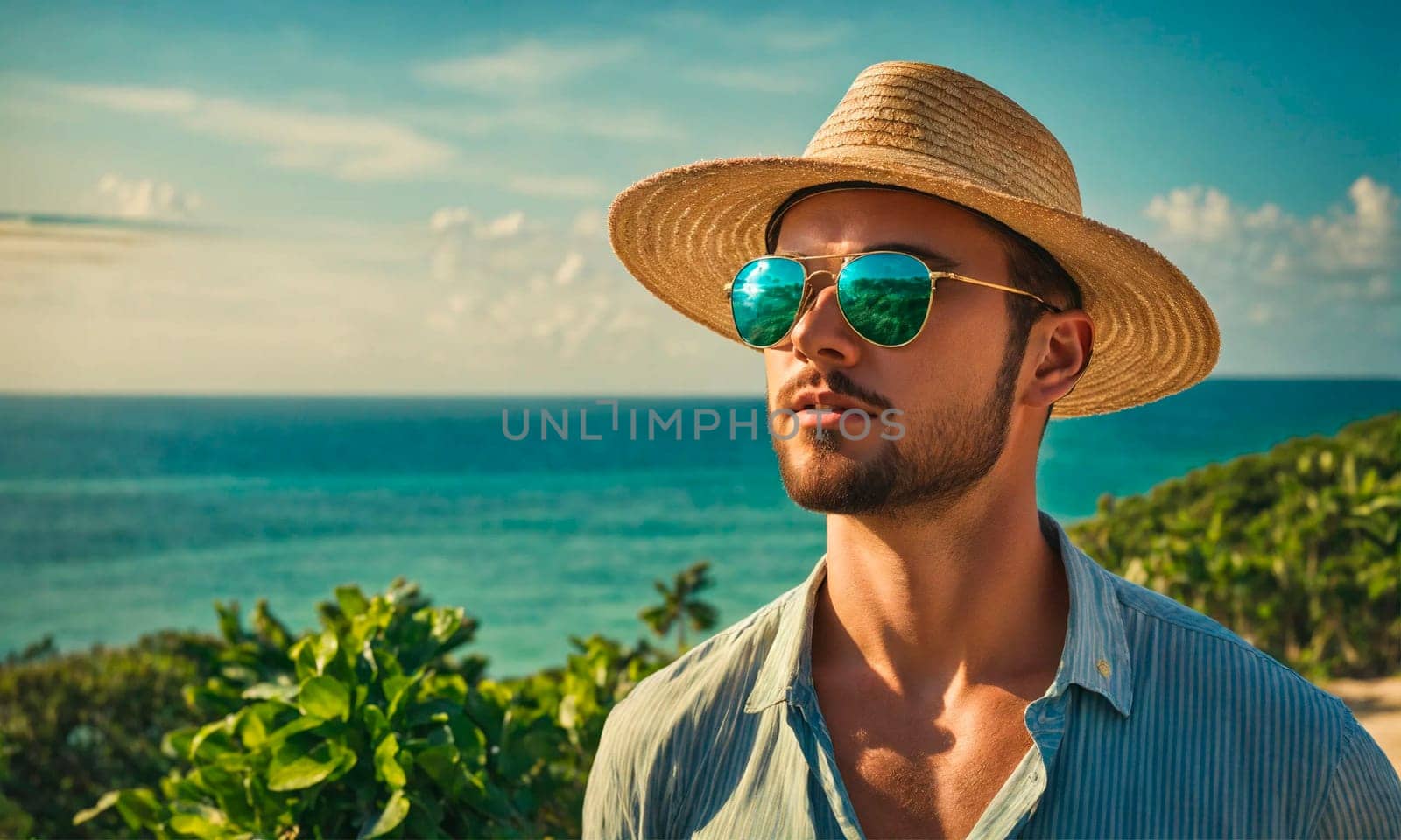 man in a hat on a tropical beach. Selective focus. people.