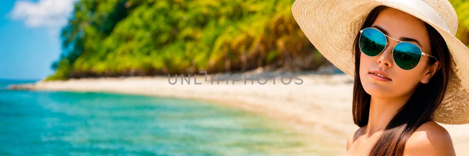 woman in a hat on a tropical beach. Selective focus. people.