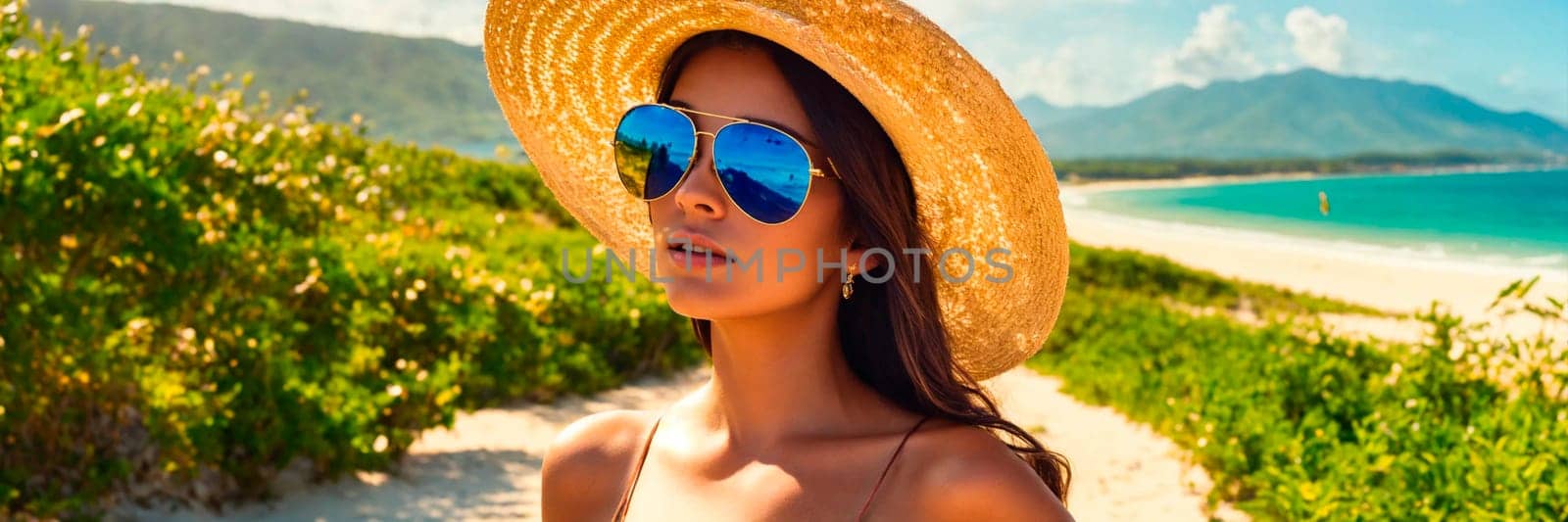 woman in a hat on a tropical beach. Selective focus. people.