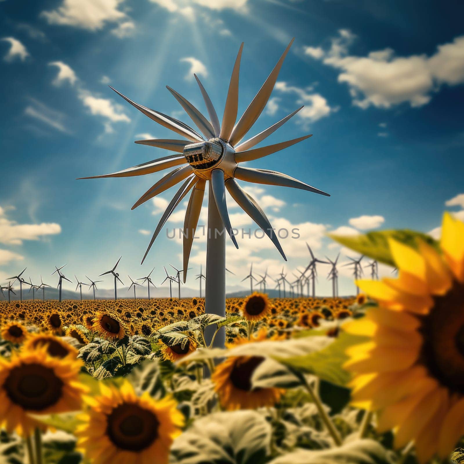 A photo capturing a vast field of sunflowers with a windmill standing in the background.