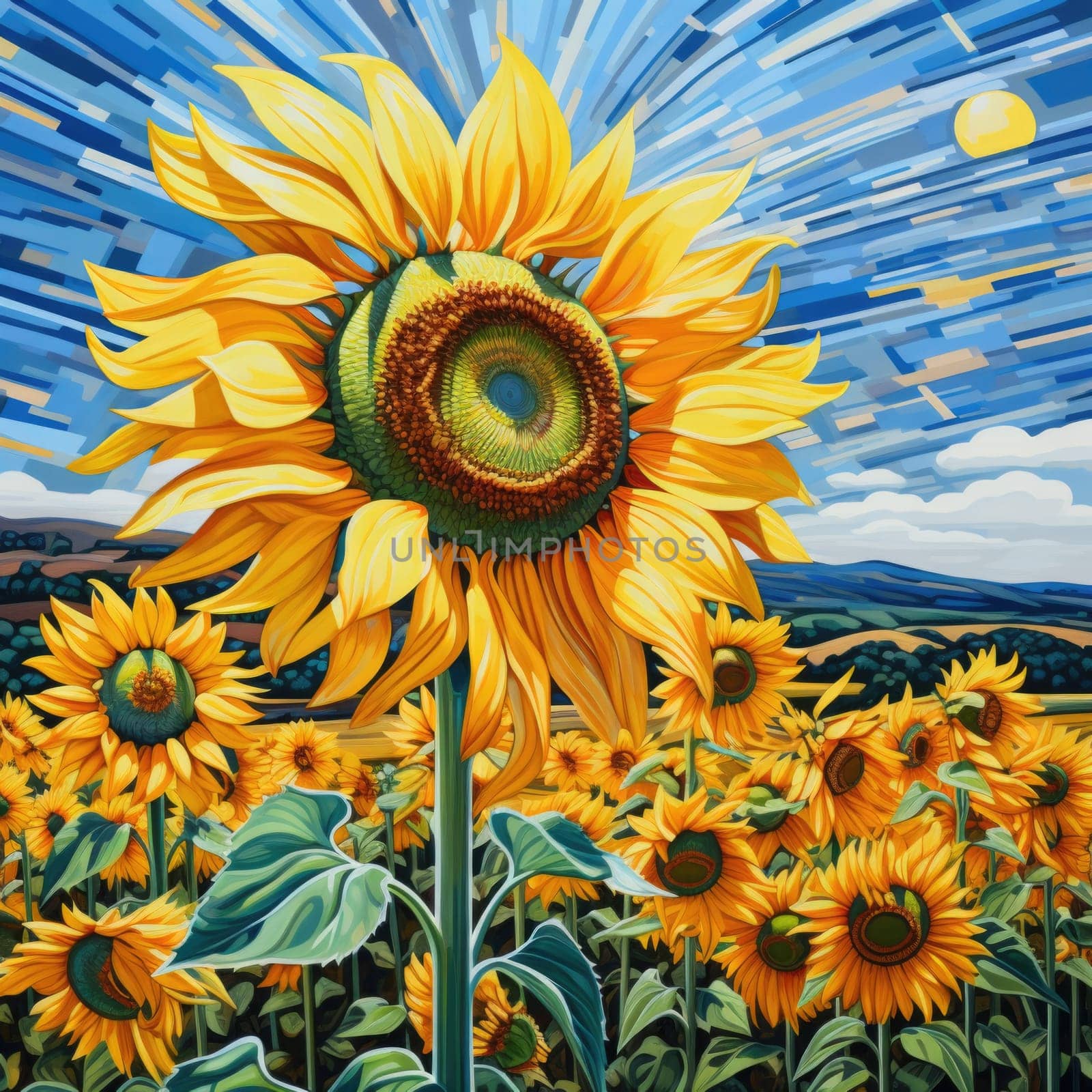 A realistic painting capturing the essence of a sunflower in a vibrant field of sunflowers.