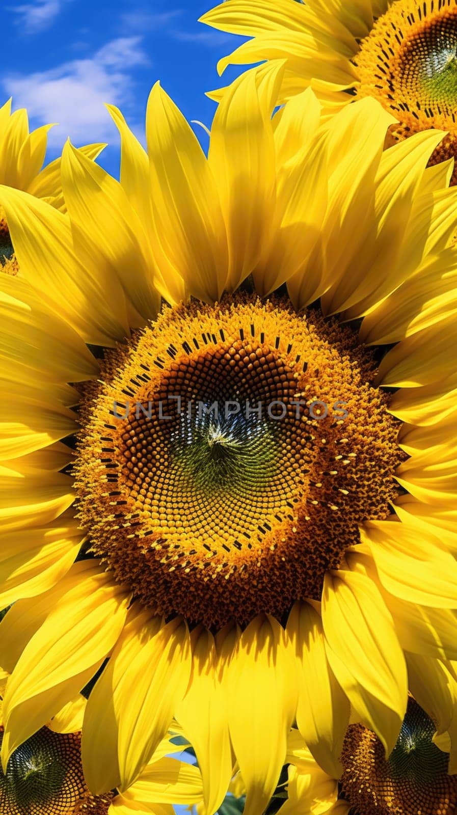 A striking sunflower stands tall amidst a field of sunflowers, with a vibrant blue sky serving as a captivating backdrop.