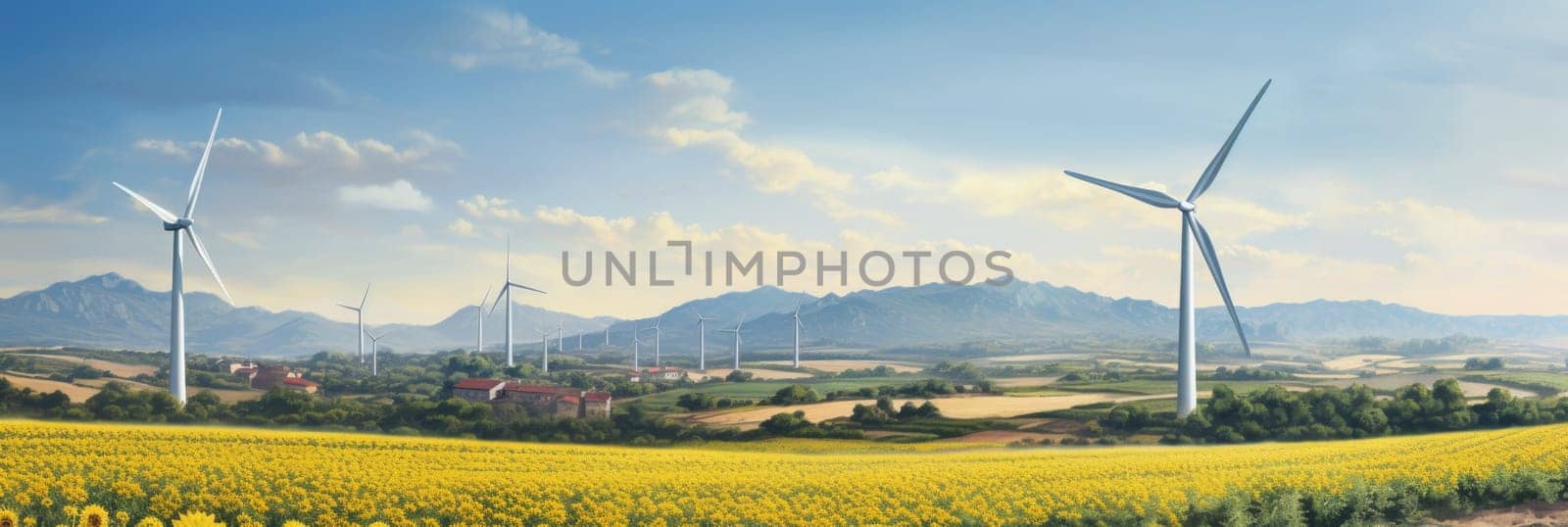 A painting featuring a vibrant field filled with sunflowers and windmills.