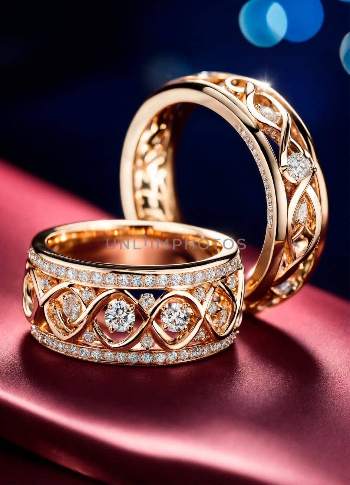 gemstones gold wedding rings. Selective focus. happy.
