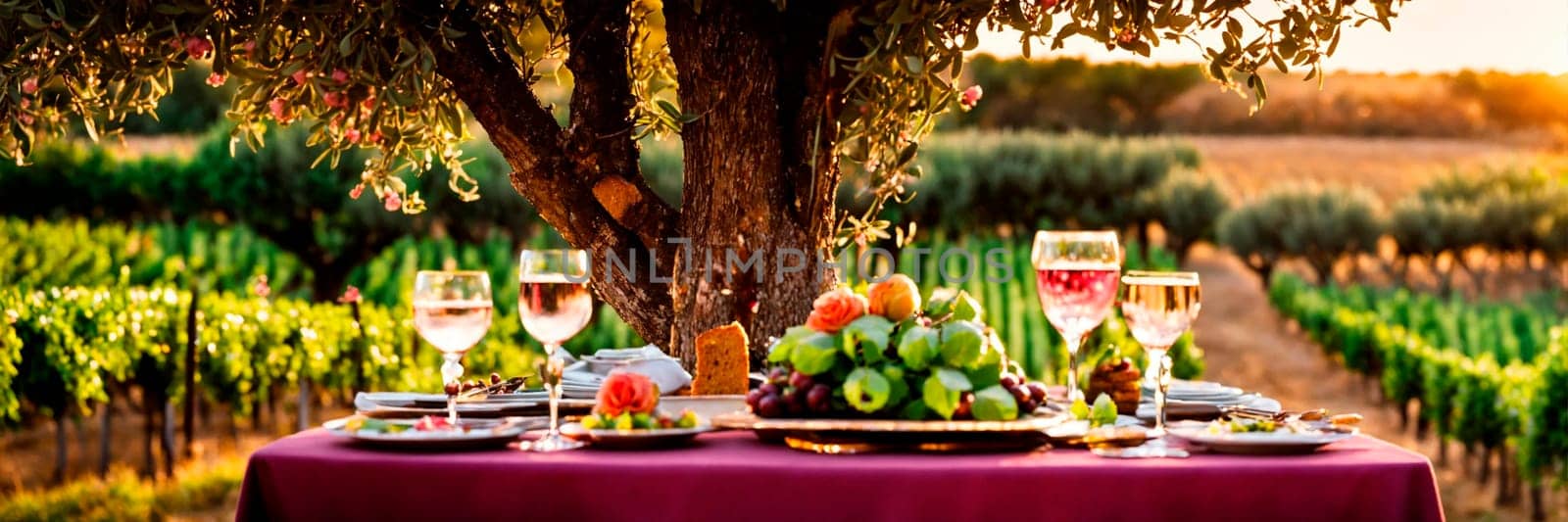 bottle of wine with fruit and food on the background of a vineyard. Selective focus. by yanadjana