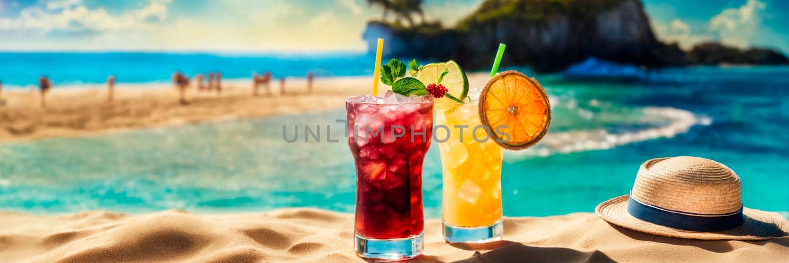 cocktails on the seashore overlooking palm trees. Selective focus. by yanadjana