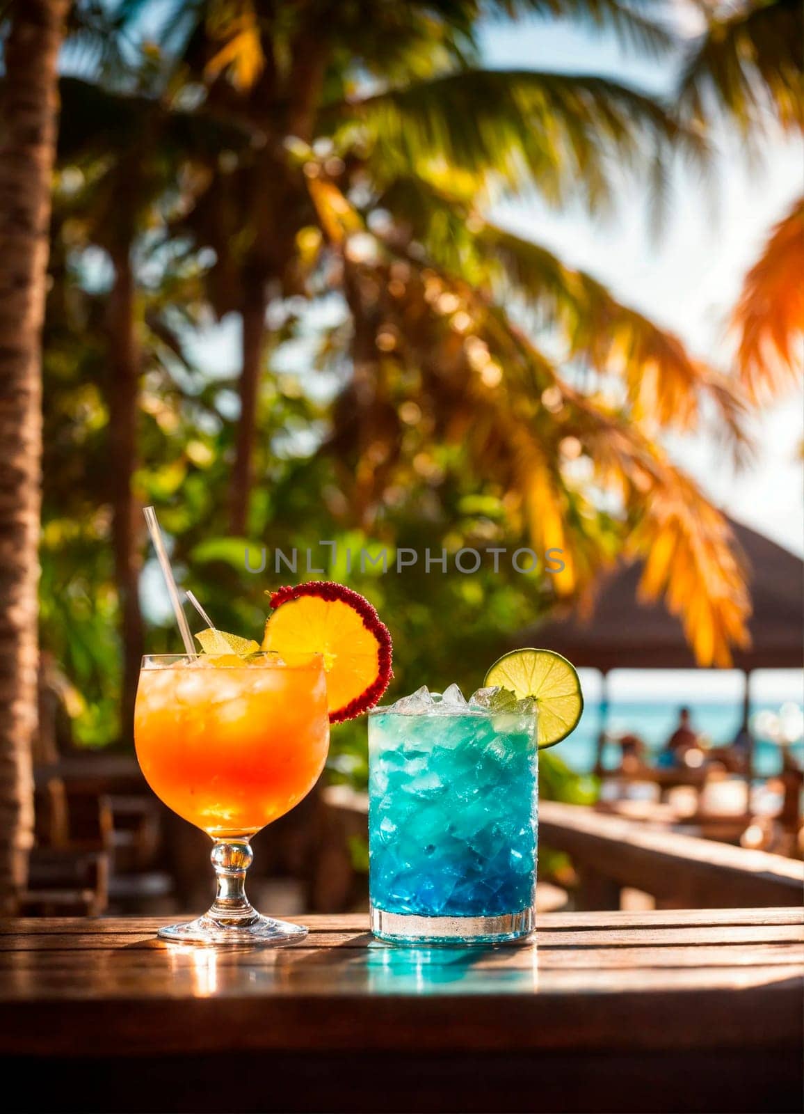 various cocktails on the bar overlooking the sea. Selective focus. by yanadjana