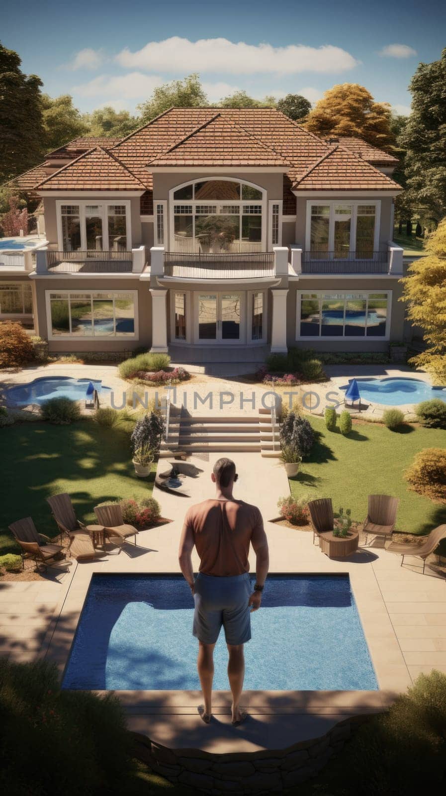 A man stands confidently in front of a grand and impressive mansion, capturing its magnificence.
