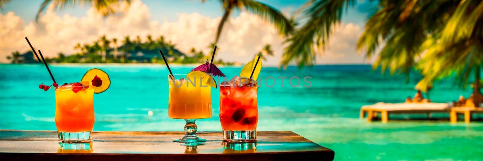 various cocktails on the bar overlooking the sea. Selective focus. by yanadjana