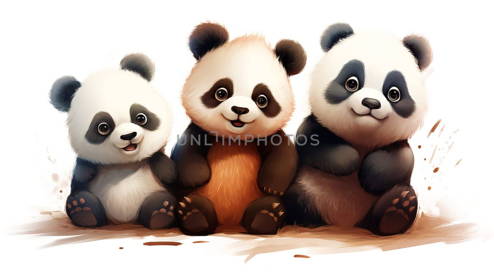 three cute fluffy pandas of different ages in bamboo forest in a clearing sitting peacefully together by KaterinaDalemans