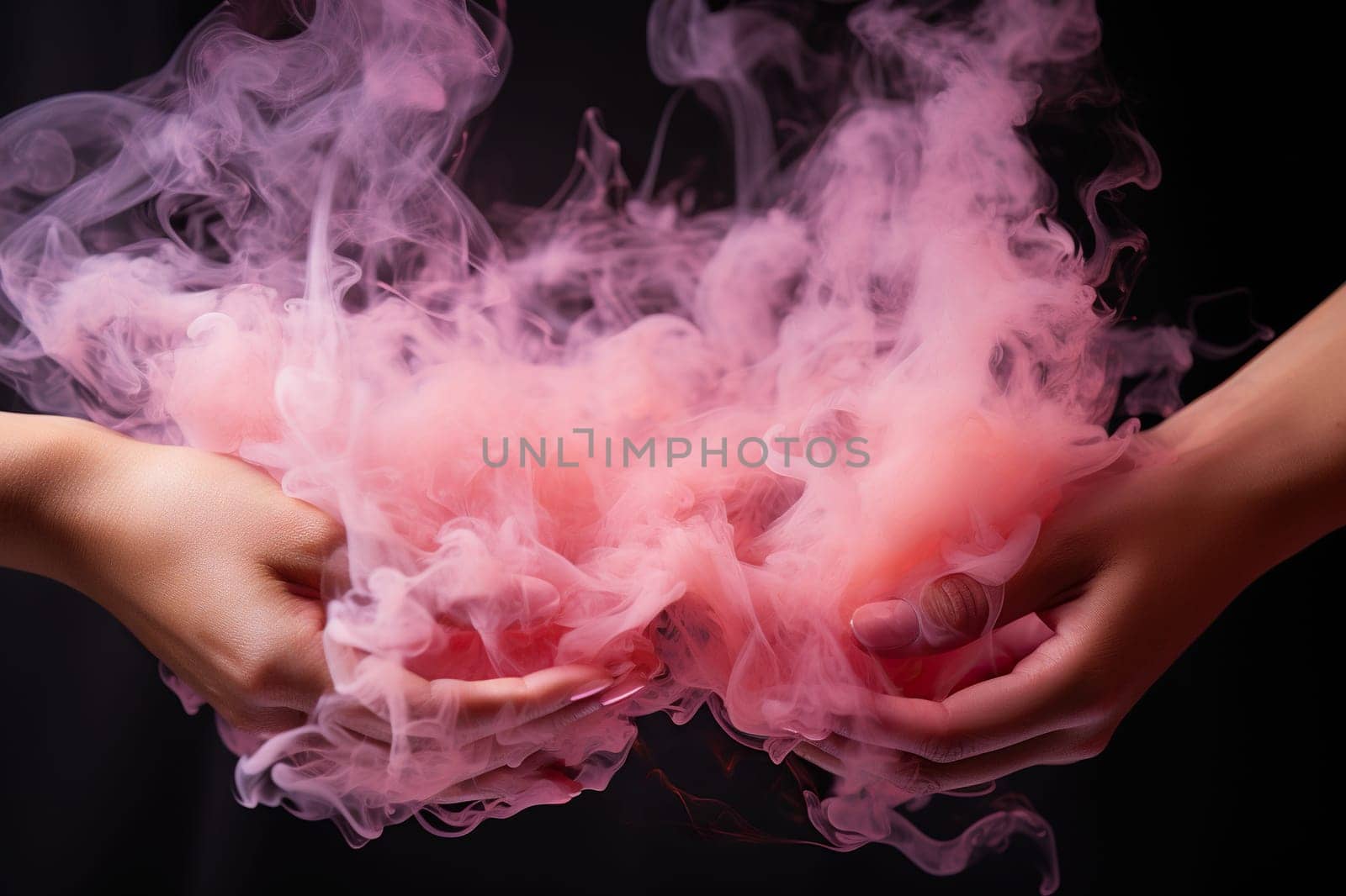 Two female hands connect in puffs of pink smoke on a black background. Generated by artificial intelligence by Vovmar