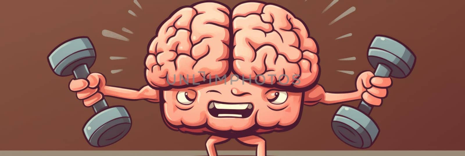 A cartoon brain holding two dumbbells in its hands, showcasing strength and intellect.