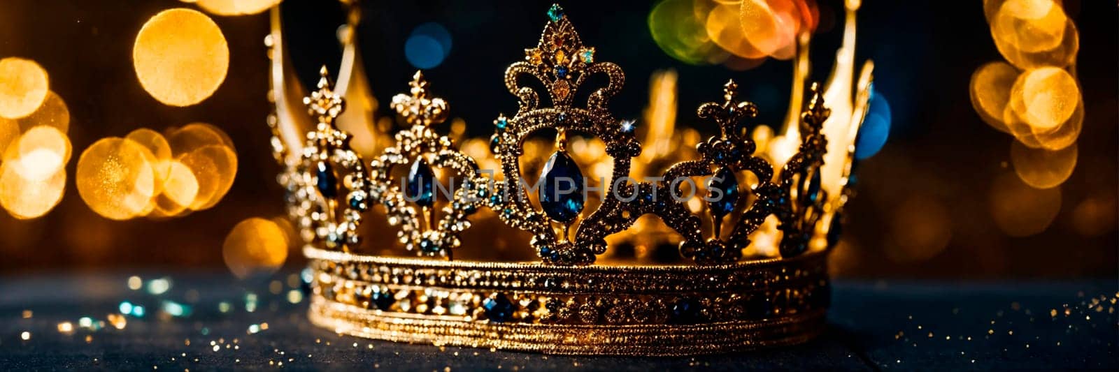 golden beautiful crown on a shiny background. Selective focus. by yanadjana