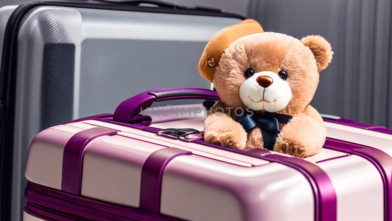 Brown teddy bear with hat next to travel suitcases. Generative AI.