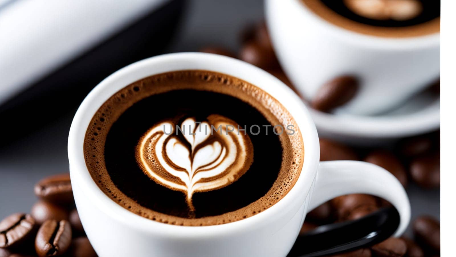 White cup of black coffee on a dark wooden table with coffee beans. Generative AI.