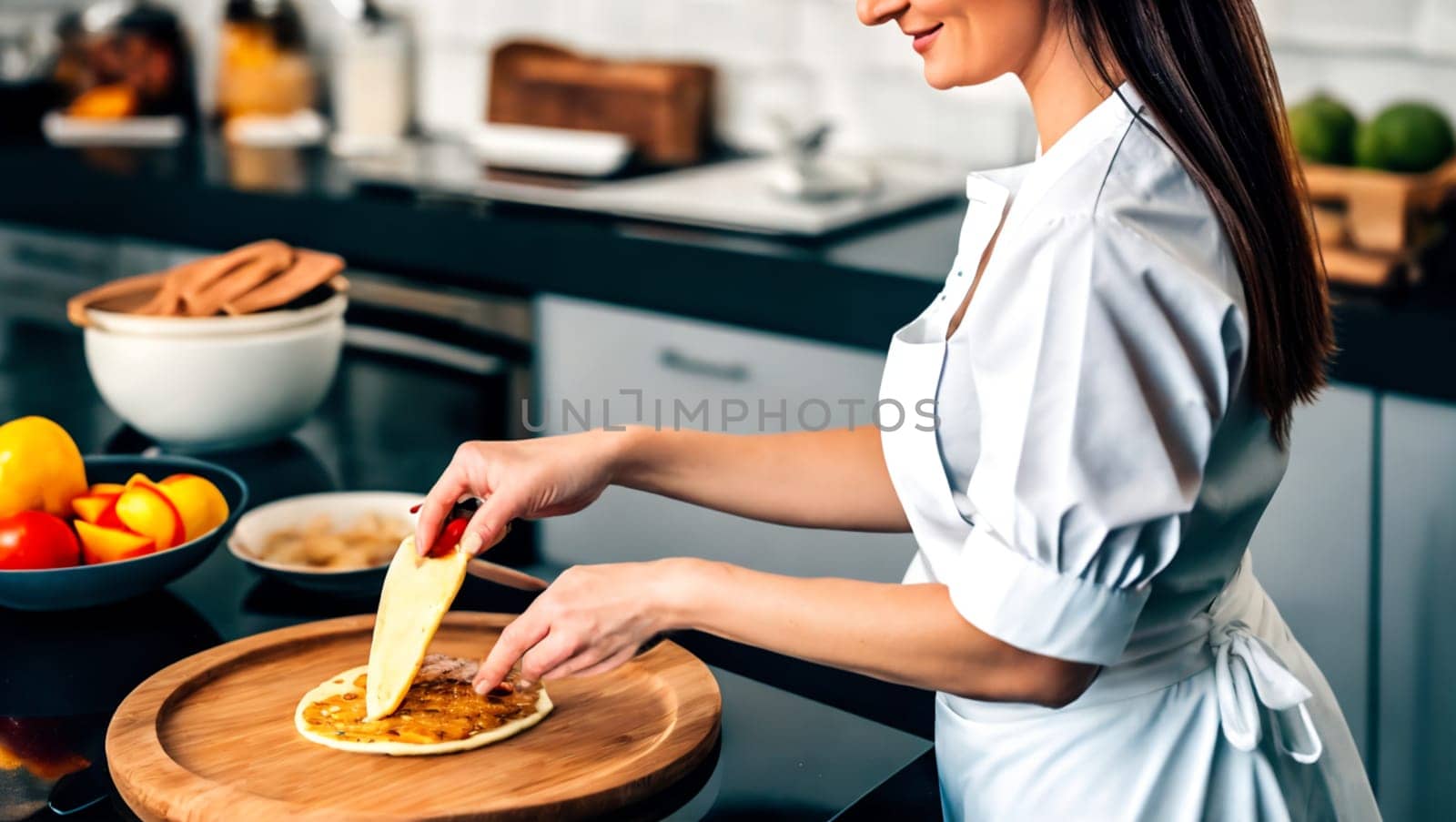 Woman chef cooking preparing a plate of food in the kitchen. Generative AI.