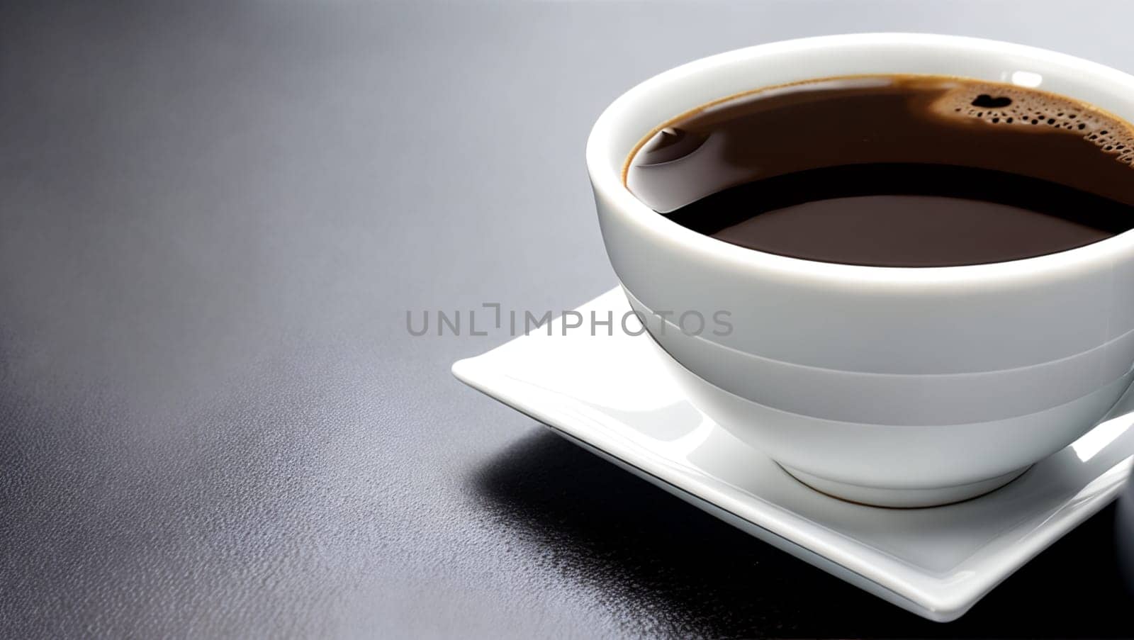 White cup of black coffee on a black table. by XabiDonostia