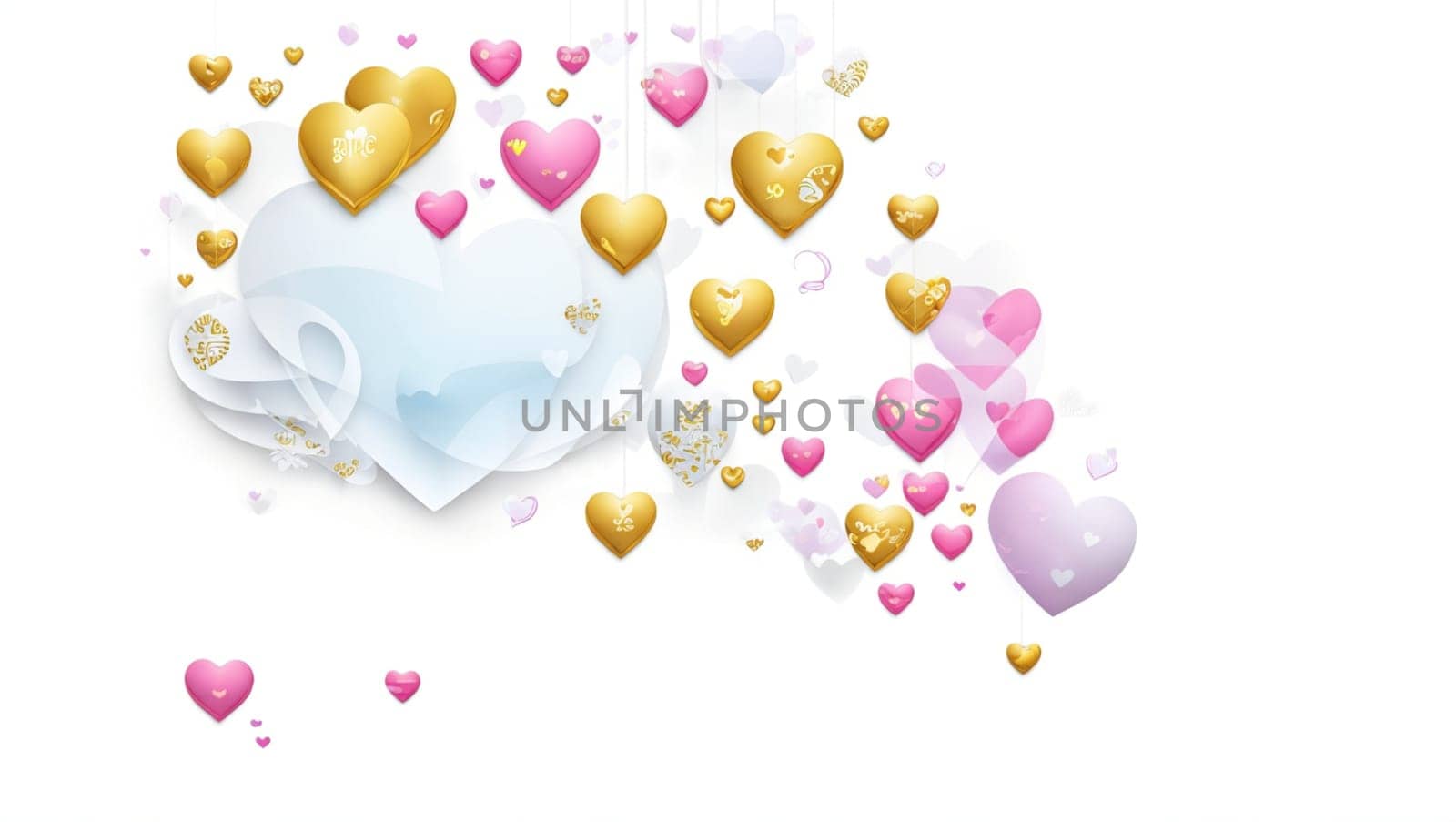 Cheerful big shiny hearts in gold and pink. Generative AI.