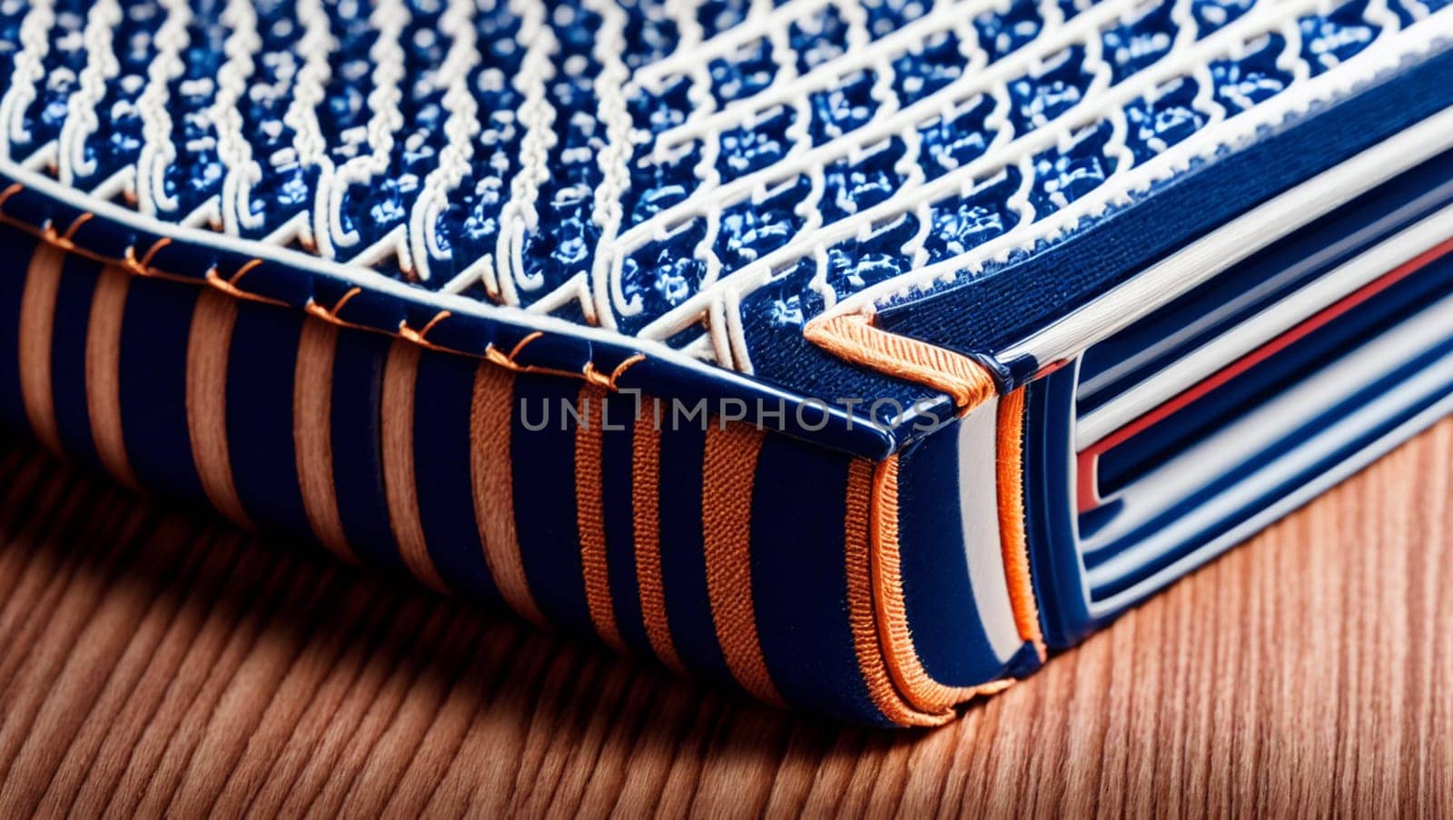 Nice textile decorative background in blue, orange and white colors on a table. by XabiDonostia