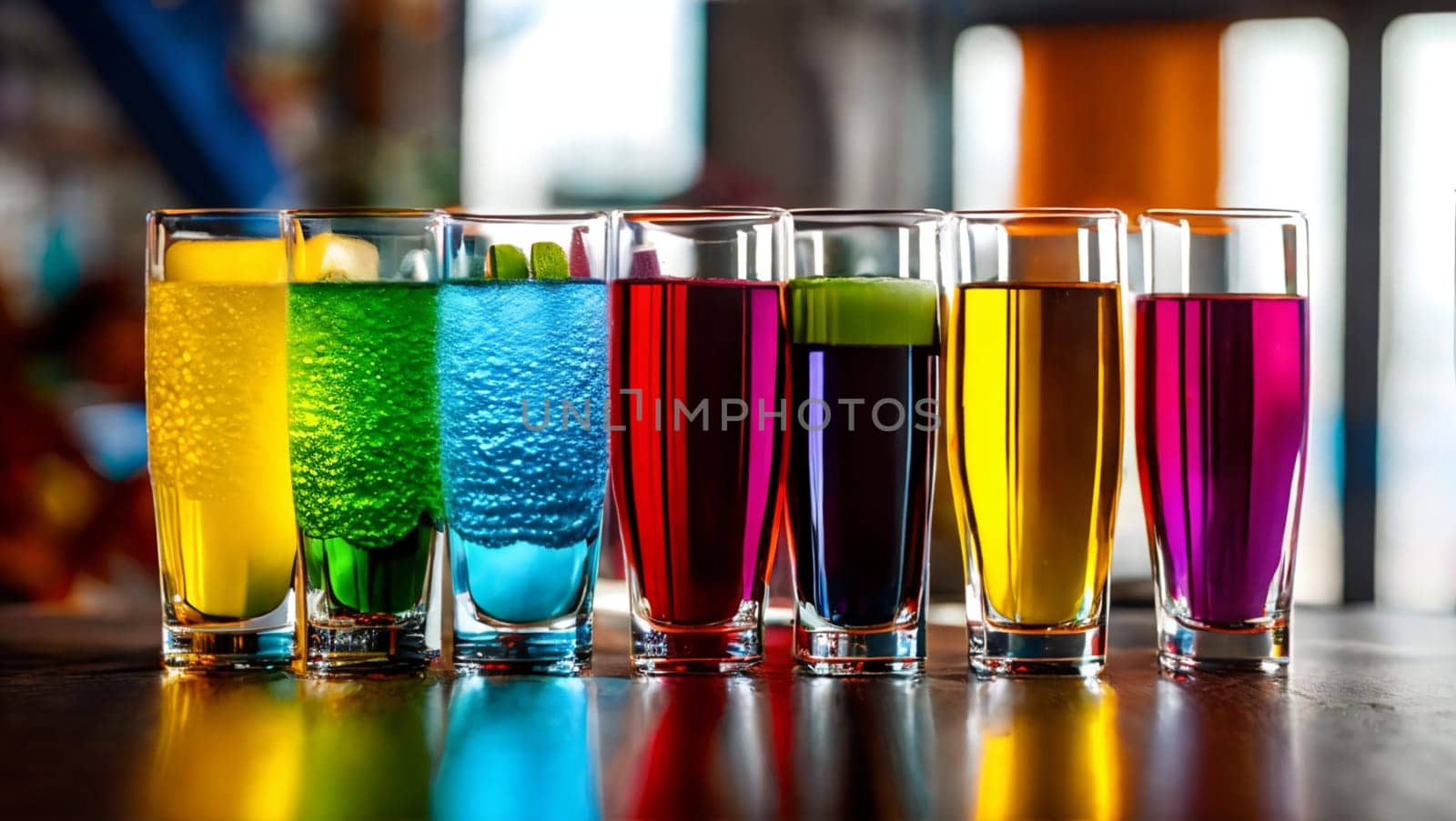 Refreshing colorful drinks on a bar counter. by XabiDonostia