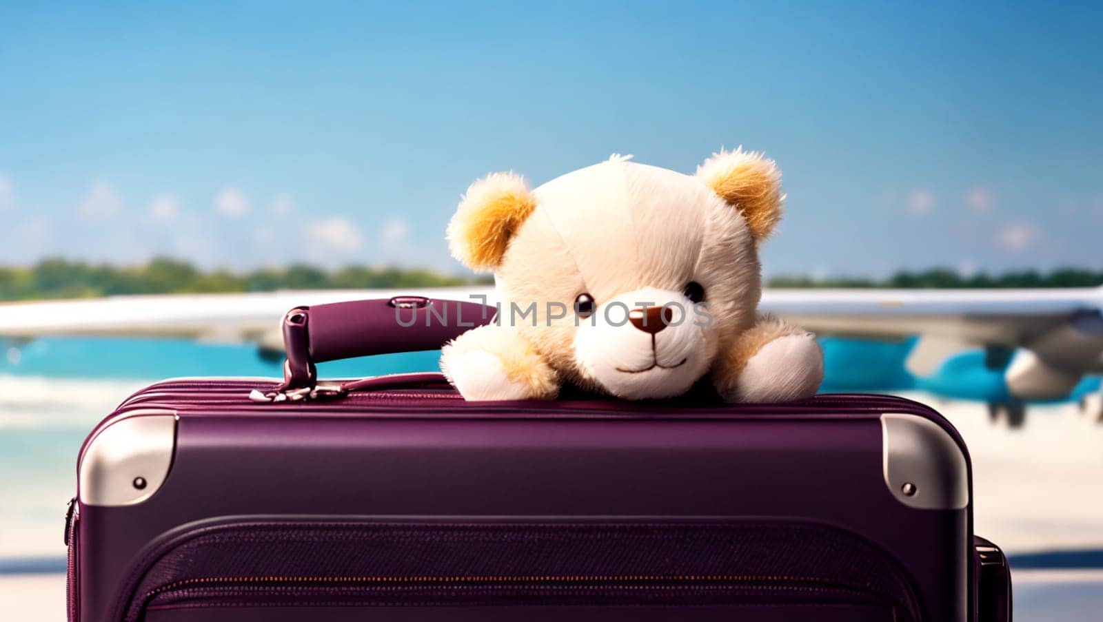 White teddy bear on purple travel suitcases. Generative AI.