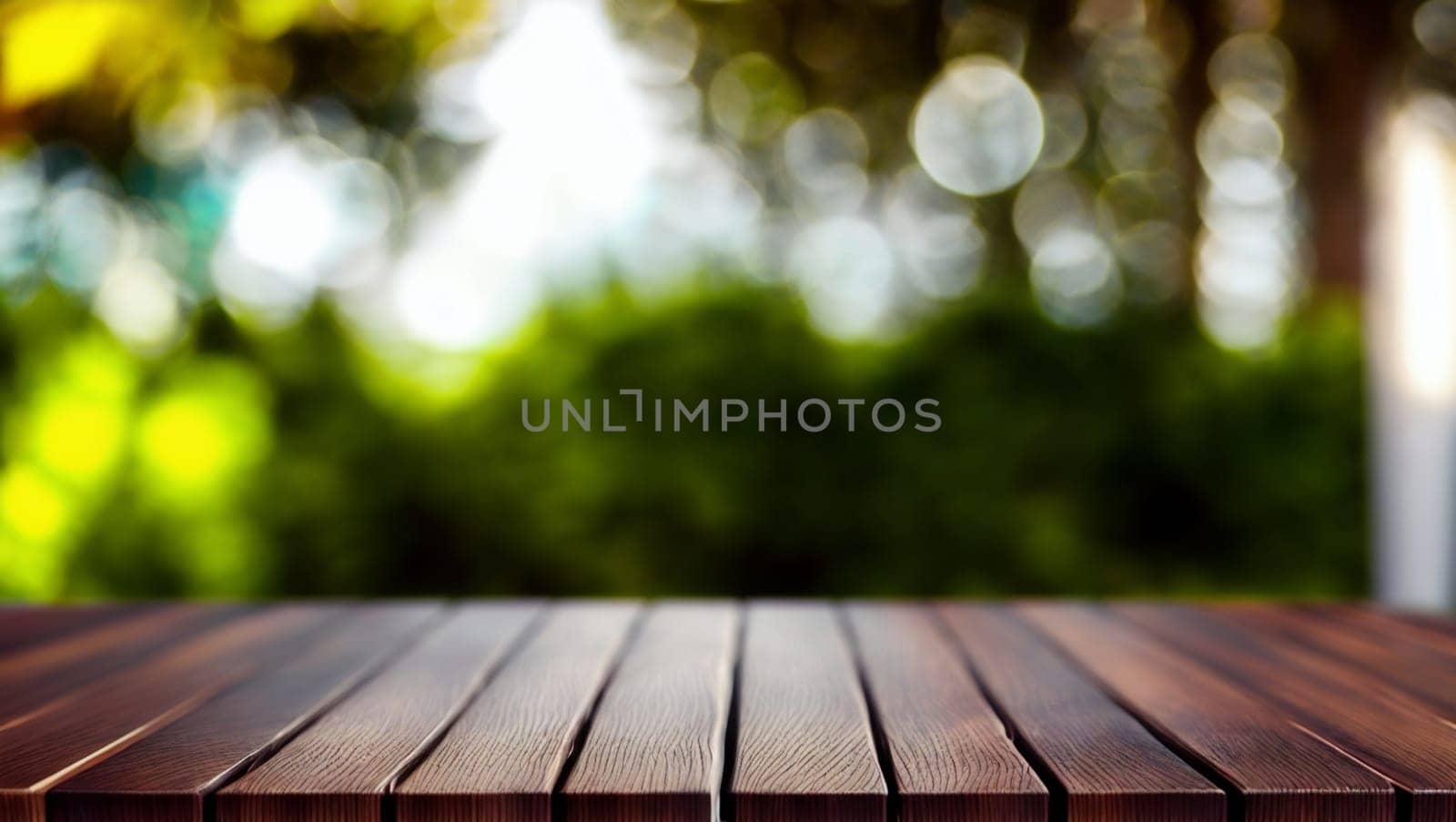 Decorative background with the surface of a dark wooden table outside. by XabiDonostia