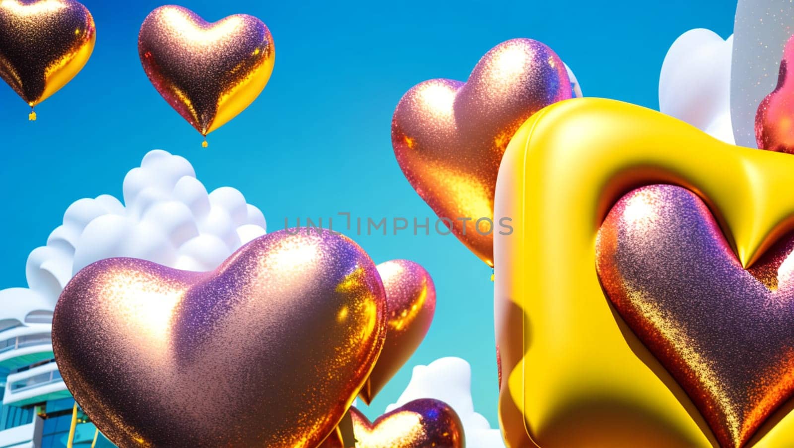 Beautiful, shiny, gold-colored, cheerful, flying balloon hearts. Generative AI.