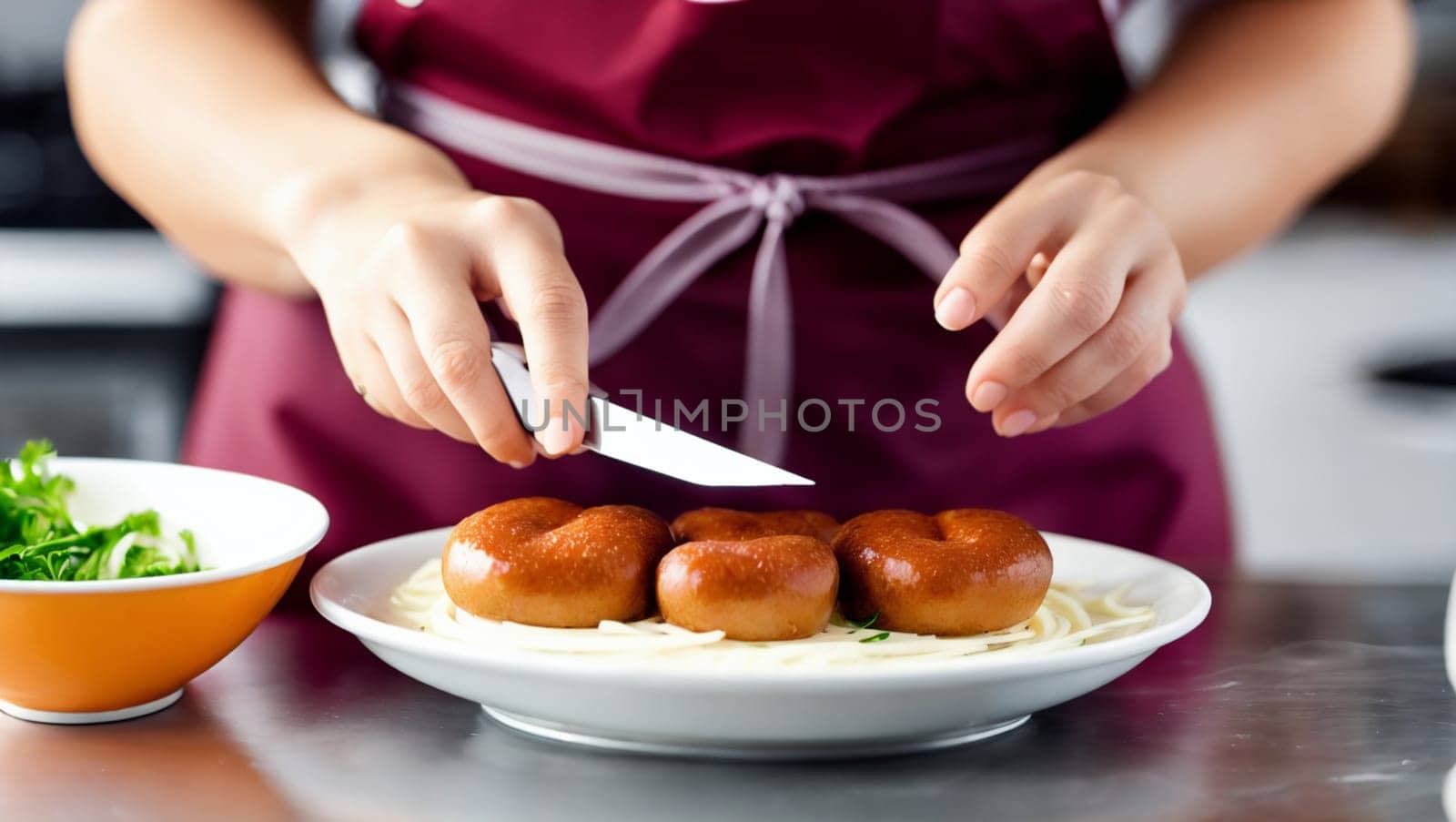 Cook with a knife and maroon apron preparing a dish in the kitchen. by XabiDonostia