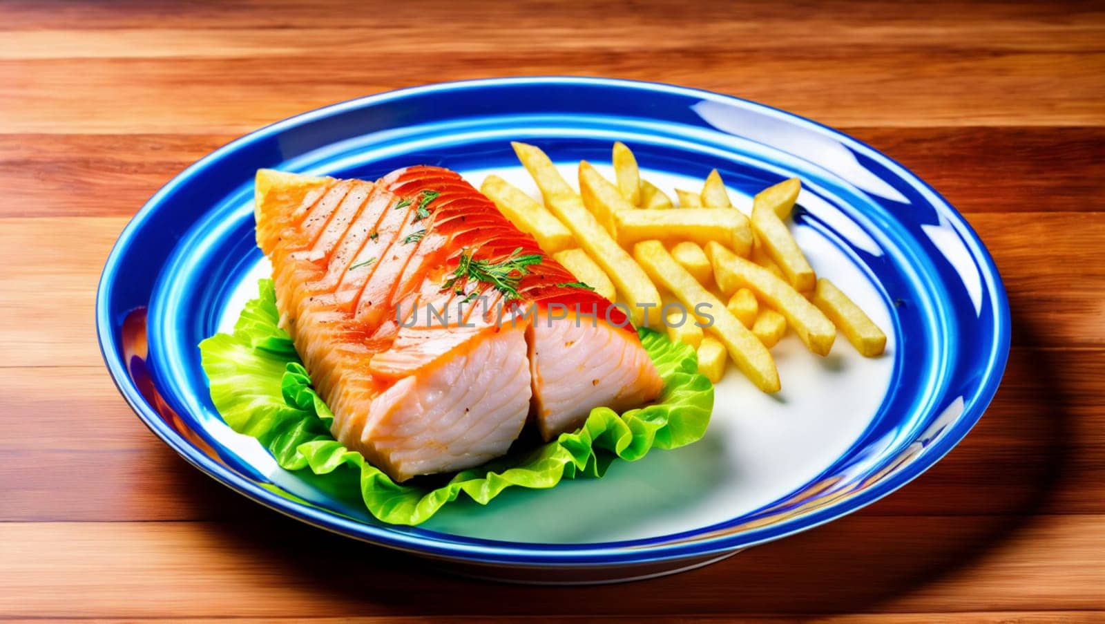 Menu of the day plate with salmon fish with french fries and lettuce. Generative AI.