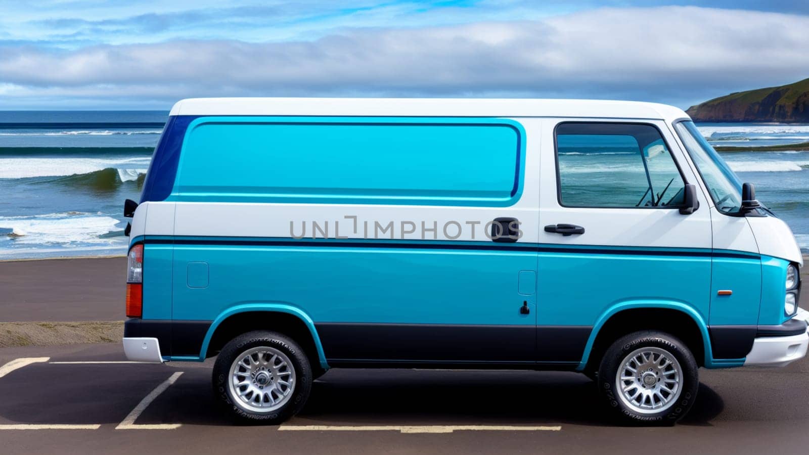 Blue and white tourist van parked on the seashore with aluminum rims. by XabiDonostia