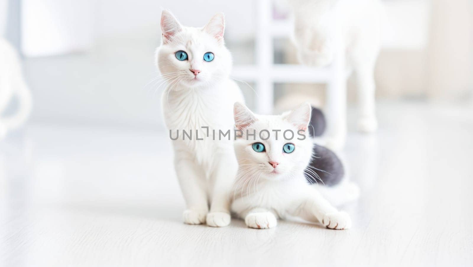 Pair of beautiful white cats with blue eyes, an adult and a small kitten. by XabiDonostia