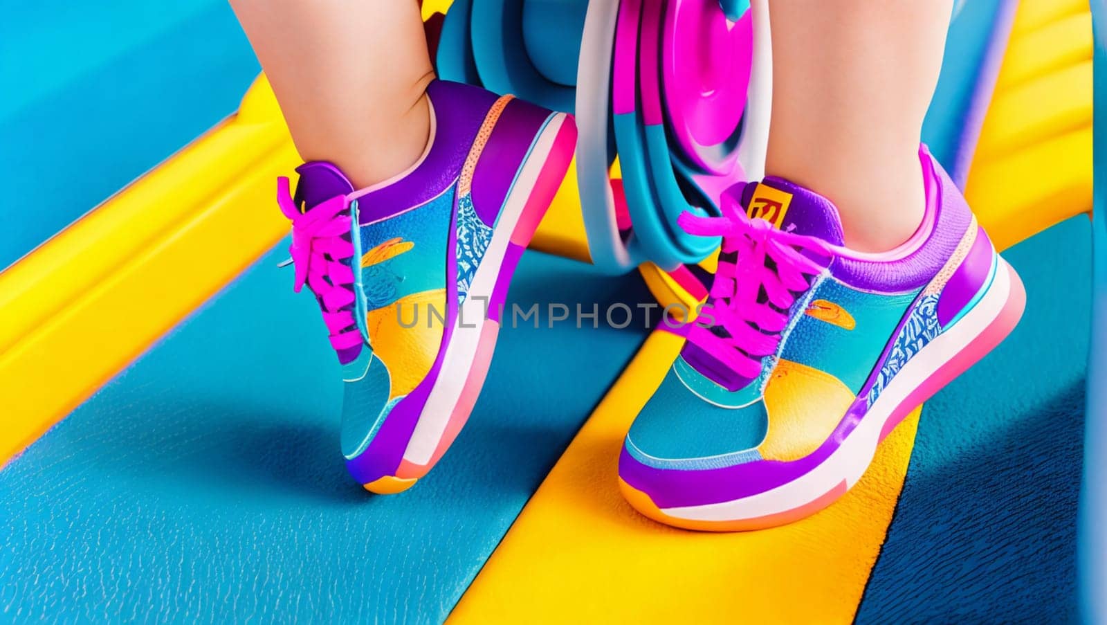 Girl's feet in colorful sports shoes for exercise. Generative AI.