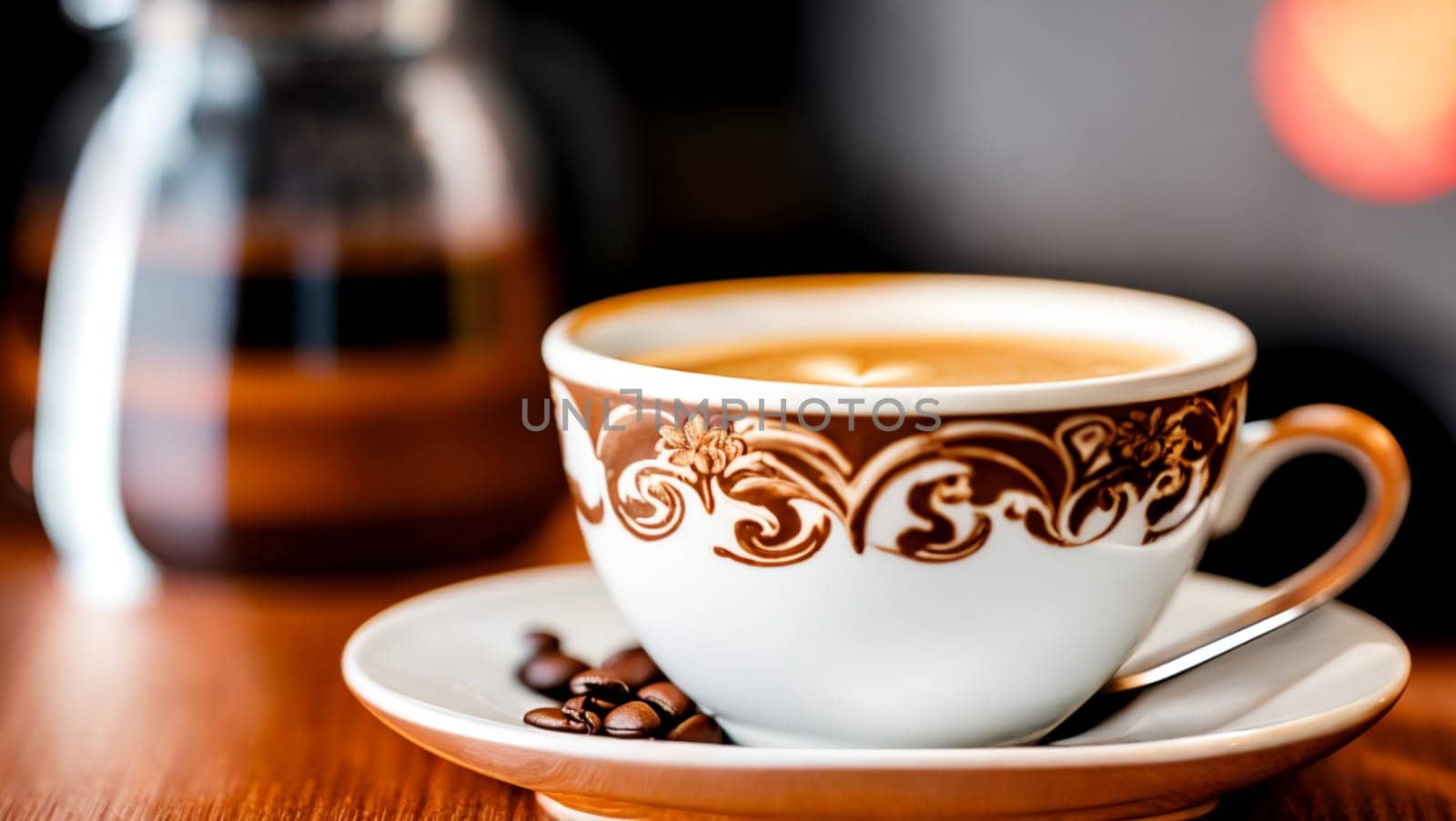 Cup of coffee with milk and foam with coffee beans. by XabiDonostia